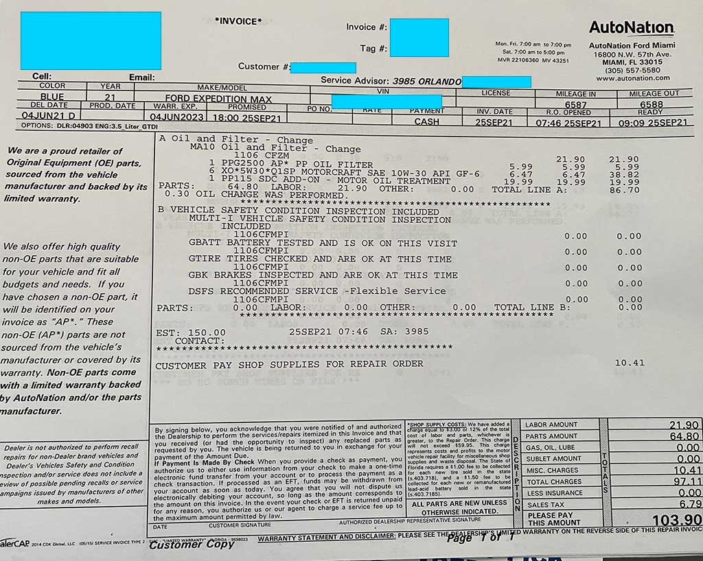 Oil change receipt at Autonation Ford Miami