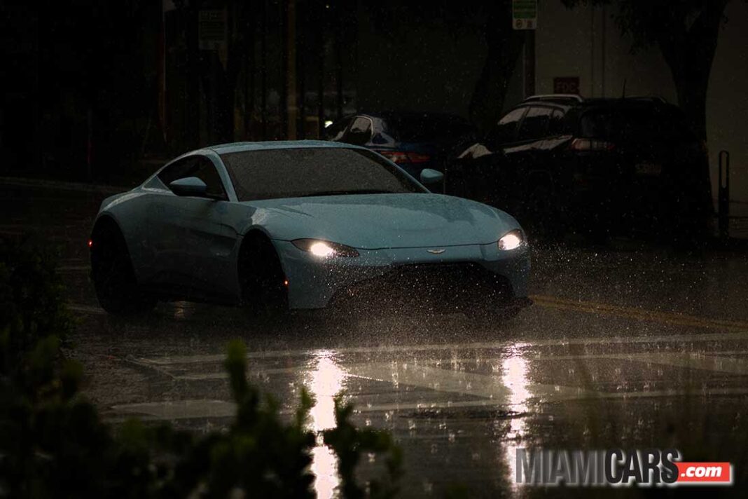 Aston Martin in the rain in the Miami Design District (Photo by Natalia Suarez @nataliafilms)