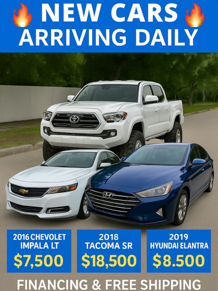 🔥 New Cars Just Arrived! 🔥 🚗 2016 Chevrolet Impala LT – $7,500 🚙 2018 Toyota Tacoma SR – $18,500 🚘 2019 Hyundai Ela…