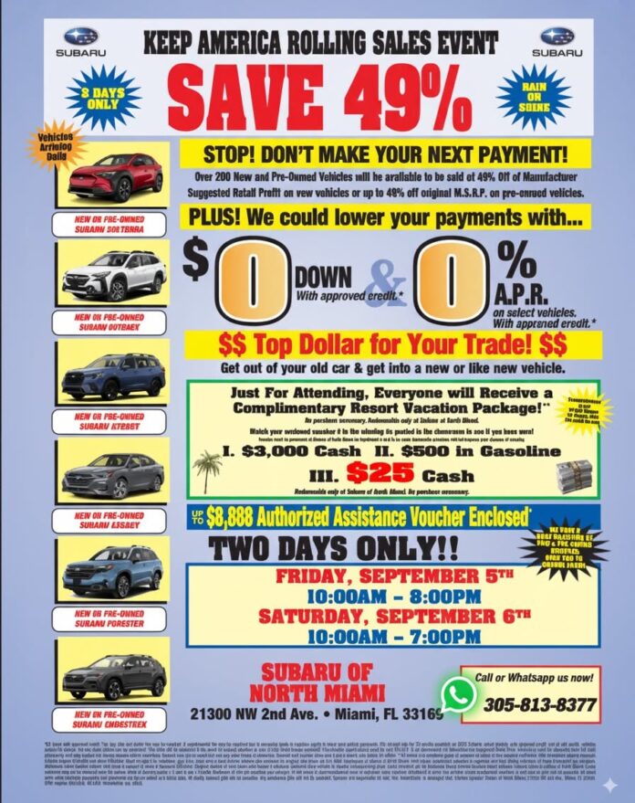 ? 🚗✨ BIG SALES EVENT AT SUBARU NORTH MIAMI! ✨🚗 🎉 Save up to 49% on new and pre-owned vehicles! 💰 $0 Down Payment and…